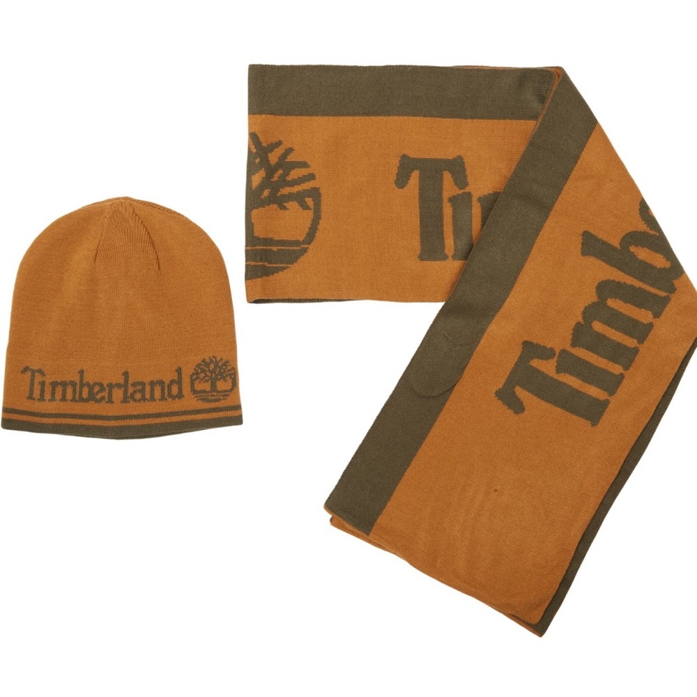 NEW! $98 Timberland Logo Jacquard Scarf and Beanie Set